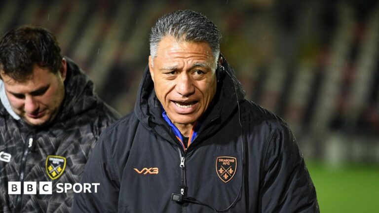 Head coach Filo Tiatia addresses the Dragons players after the win against Connacht at Rodney Parade