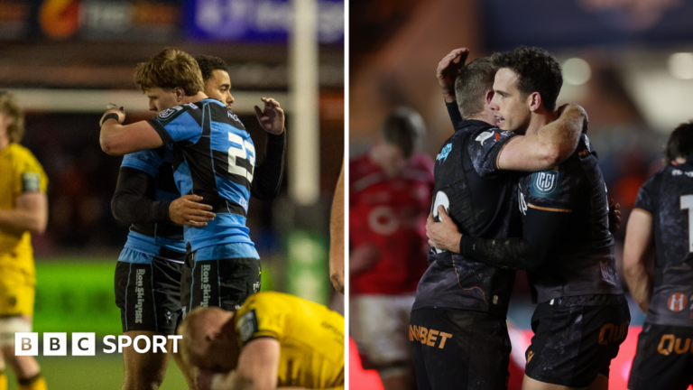URC: Double Welsh derby day provides drama amid uncertainty Cardiff's Ben Thomas celebrates the win against Dragons (left) while Ospreys Kieran Hardy is congratulated after his try against Scarlets (right)