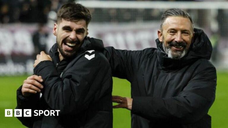 Hearts ‘underdogs by long shot’ but still setting Premiership pace Claudio Braga and Derek McInnes celebrate Hearts' win