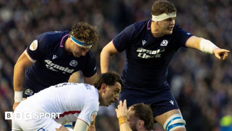 Scotland's Jamie Ritchie and Scott Cummings during a Guinness Six Nations match between Scotland and England at Scottish Gas Murrayfield, on February 14, 2026