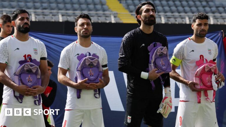 Iran national football team protests against deadly attack on primary school Iran's Hossein Kanaani, Shoja Khalilzadeh, Alireza Beiranvand and Mehdi Taremi hold school bags in memory of the victims of the girls school bombing in Minab, Iran
