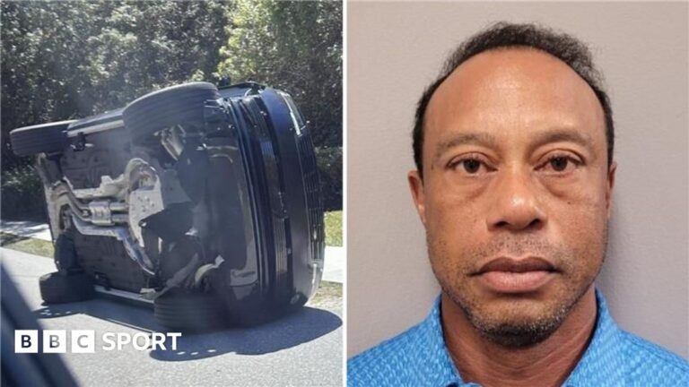 Woods mugshot released after driving under influence charges Tiger Woods' car is seen on its side and skid marks show where he crashed and lost control