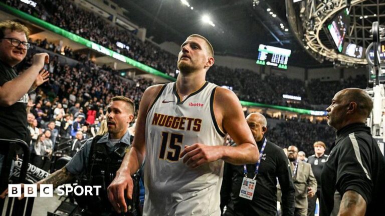 NBA play-offs: Nikola Jokic ejected after scuffle in Minnesota Timberwolves win over Denver Nuggets Nikola Jokic after defeat by the Minnesota Timberwolves in game four of the NBA Western Conference play-offs