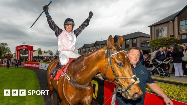 Punchestown Festival: Bob Olinger signs off with Champion Stayers Hurdle win Darragh O'Keefe celebrates onboard Bob Olinger