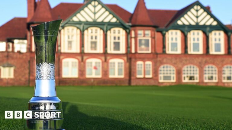 The AIG Women's Open trophy outside the clubhouse at Royal Lytham & St Annes