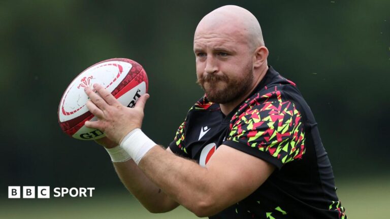 Dillon Lewis with the ball in training for Wales ahead of the Barbarians game