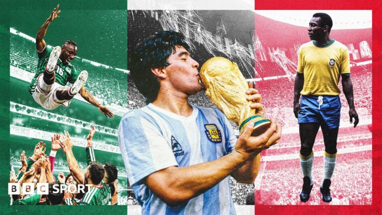 Mexico vs England: Why the Azteca is a legendary World Cup stadium A composition image featuring Mexico's 2026 Fifa World Cup squad, Diego Maradona, and Pele in front of a backdrop of Estadio Azteca, templated with the colours of the Mexican flag
