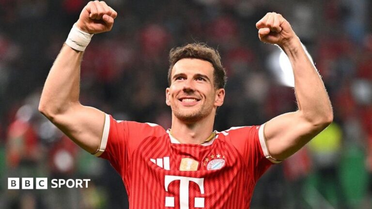 Leon Goretzka: Aston Villa sign former Bayern Munich midfielder Leon Goretzka celebrates Bayern Munich's win the DFB Pokal final by raising both arms above his head