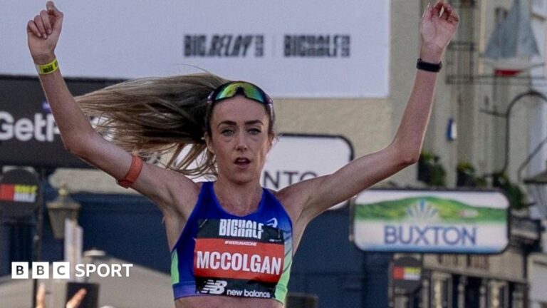 Eilish McColgan wins fourth London Big Half after five-month injury lay-off Eilish McColgan crosses the finish line in first place at the Big Half