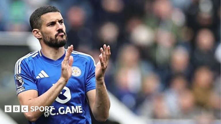 Conor Coady of Leicester City applauds the fans during the Premier League match between Leicester City FC and Southampton FC at The King Power Stadium on May 3, 2025 in Leicester, England.